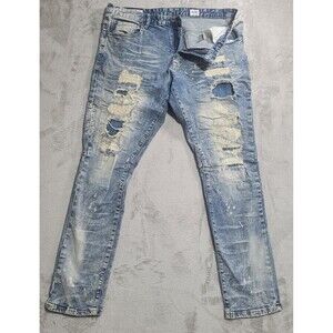 Smoke Rise Jeans Mens 38x34 Blue Light Wash Distressed Ripped Tapered Denim